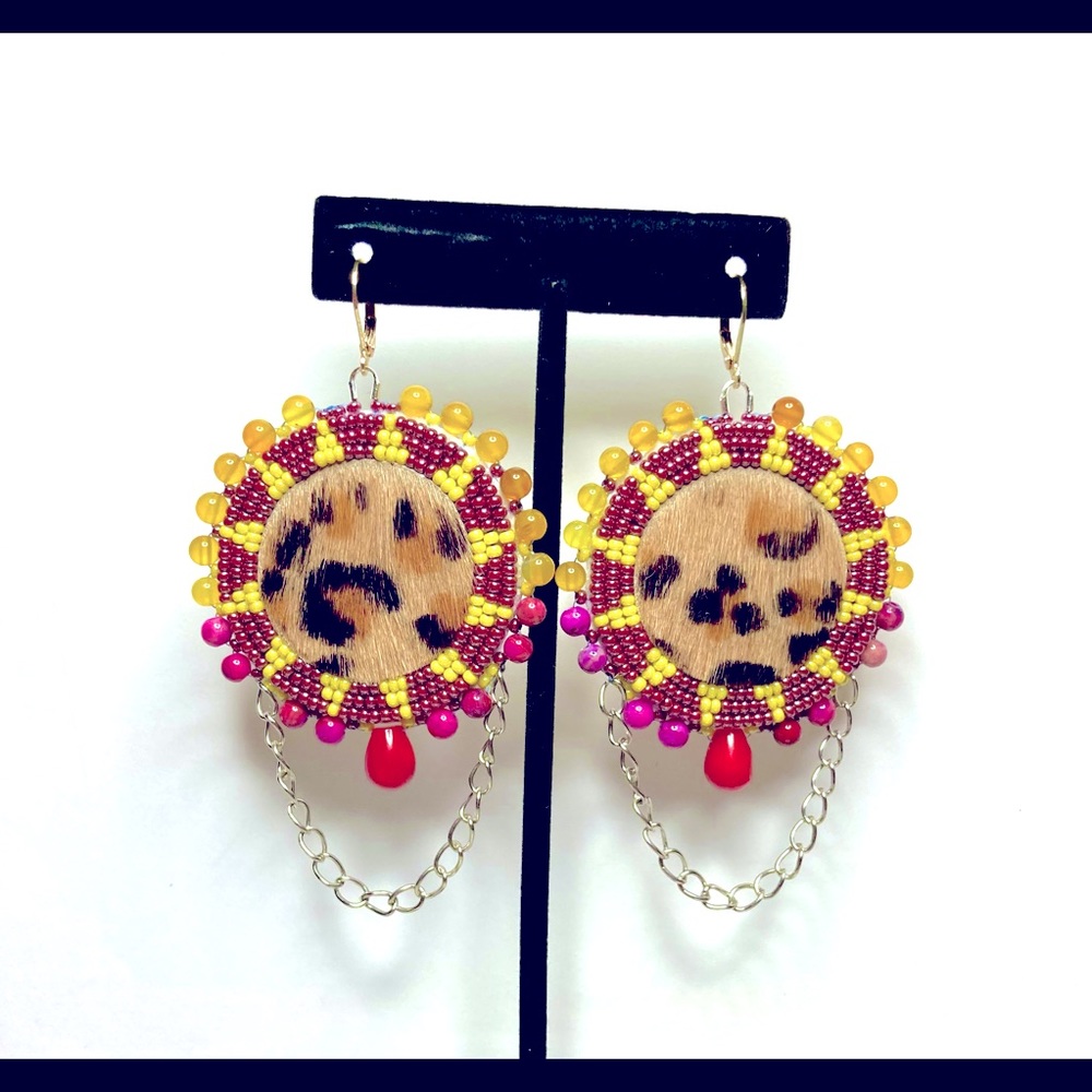 Beaded Beadwork Leopard Cowhide Bead Embroidery Gemstone Earrings Jewelry chain